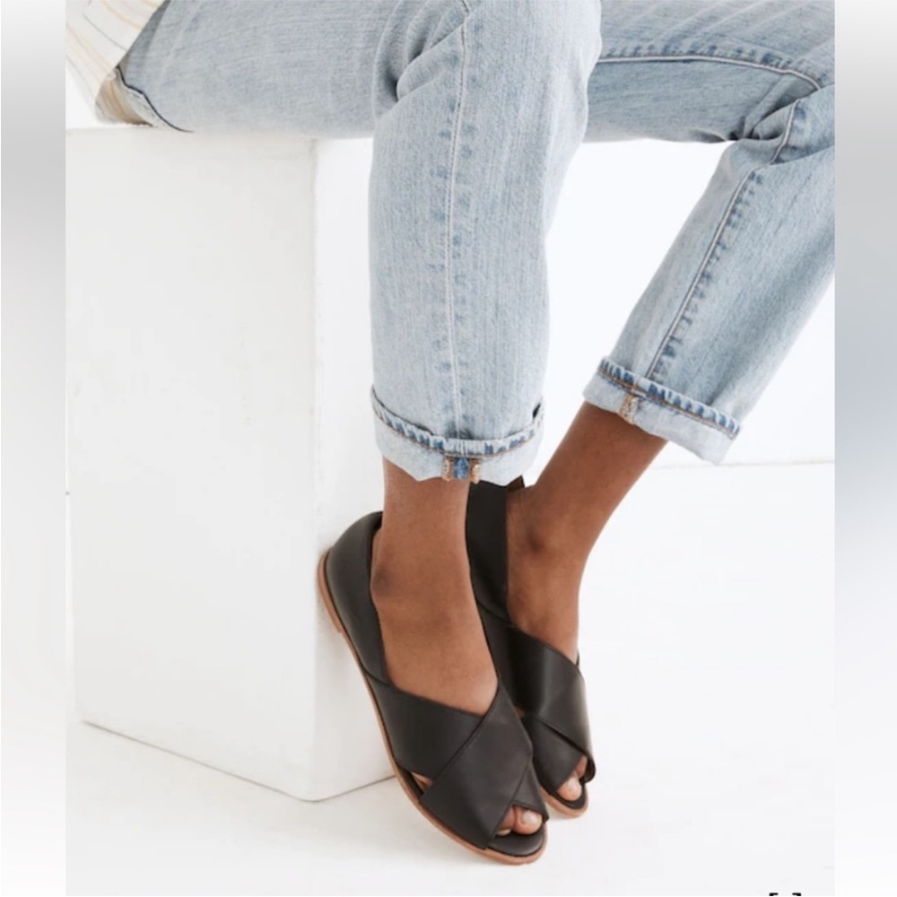 Madewell The Blaine Crisscross Flat Black Leather Open Toe Flats Size 7.5 - Picture 2 of 16